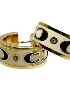 NEW COACH CI903 Enamel Huggie Earrings in Yellow Gold and White C Stones